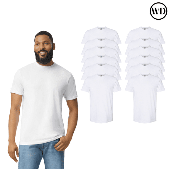 Gildan Softstyle CVC T-Shirt, Men's Crewneck Classic fit Tee, White Ring-Spun Lightweight 12 Pack, S