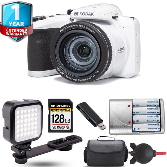 Kodak PIXPRO AZ405 Digital Camera (White) Extra Battery 1 Yr Warranty - 128GB Kit