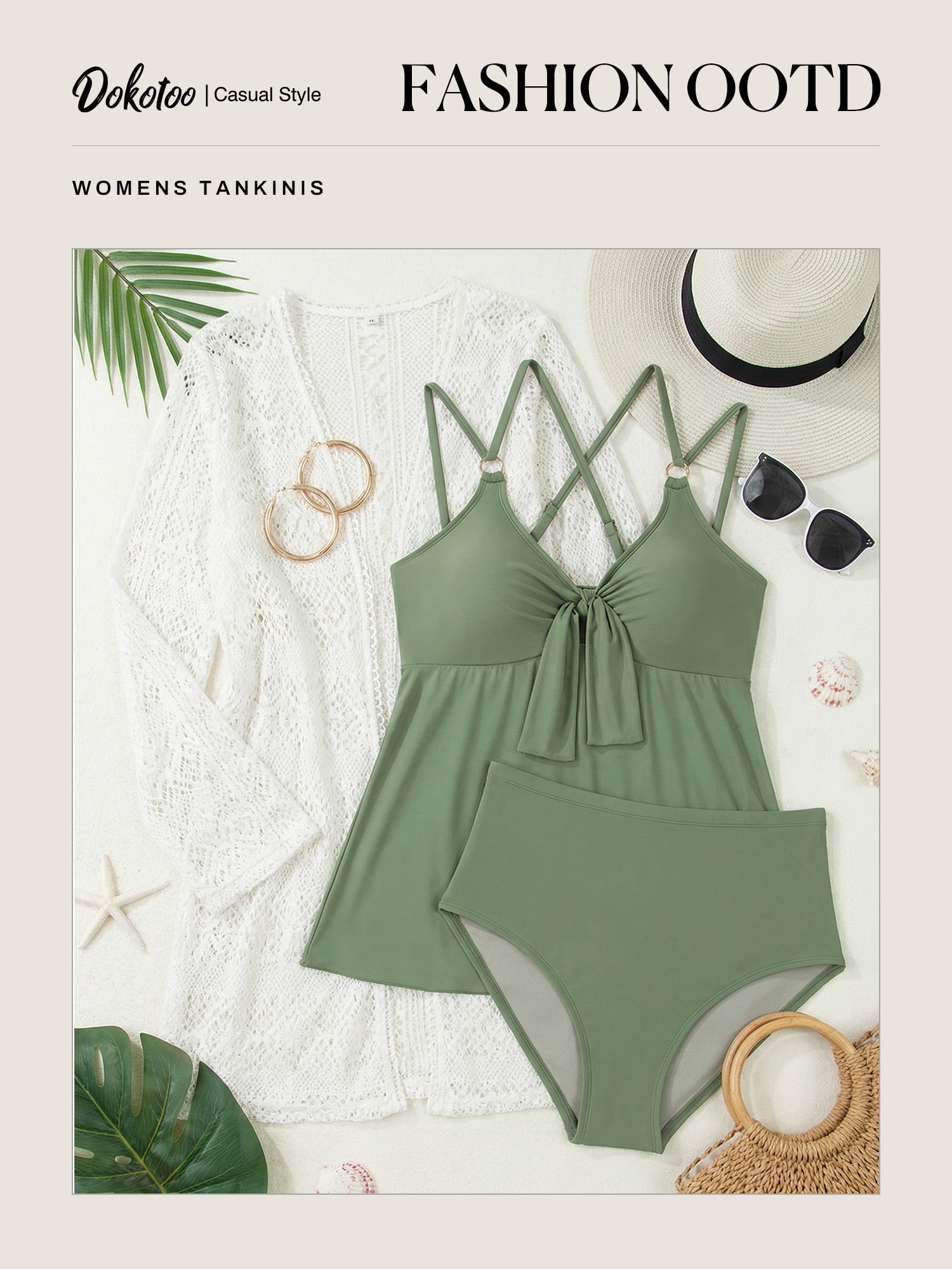 DOKOTOO Womens Tankini Bathing Suit Padded Swimsuits Criss Cross Swim Top with Bottom 2 Piece Tankini Set Flowy Green XXL US18-20