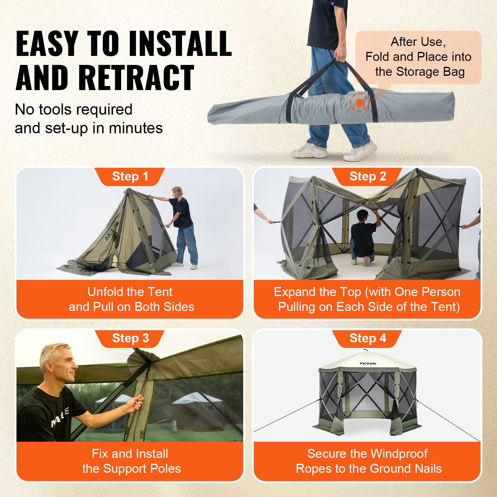 VEVOR Pop up Gazebo Tent, Pop-Up Screen Tent 6 Sided Canopy Sun Shelter with 6 Removable Privacy Wind Cloths & Mesh Windows, 10x10FT Quick Set Screen Tent with Mosquito Netting, Army Green