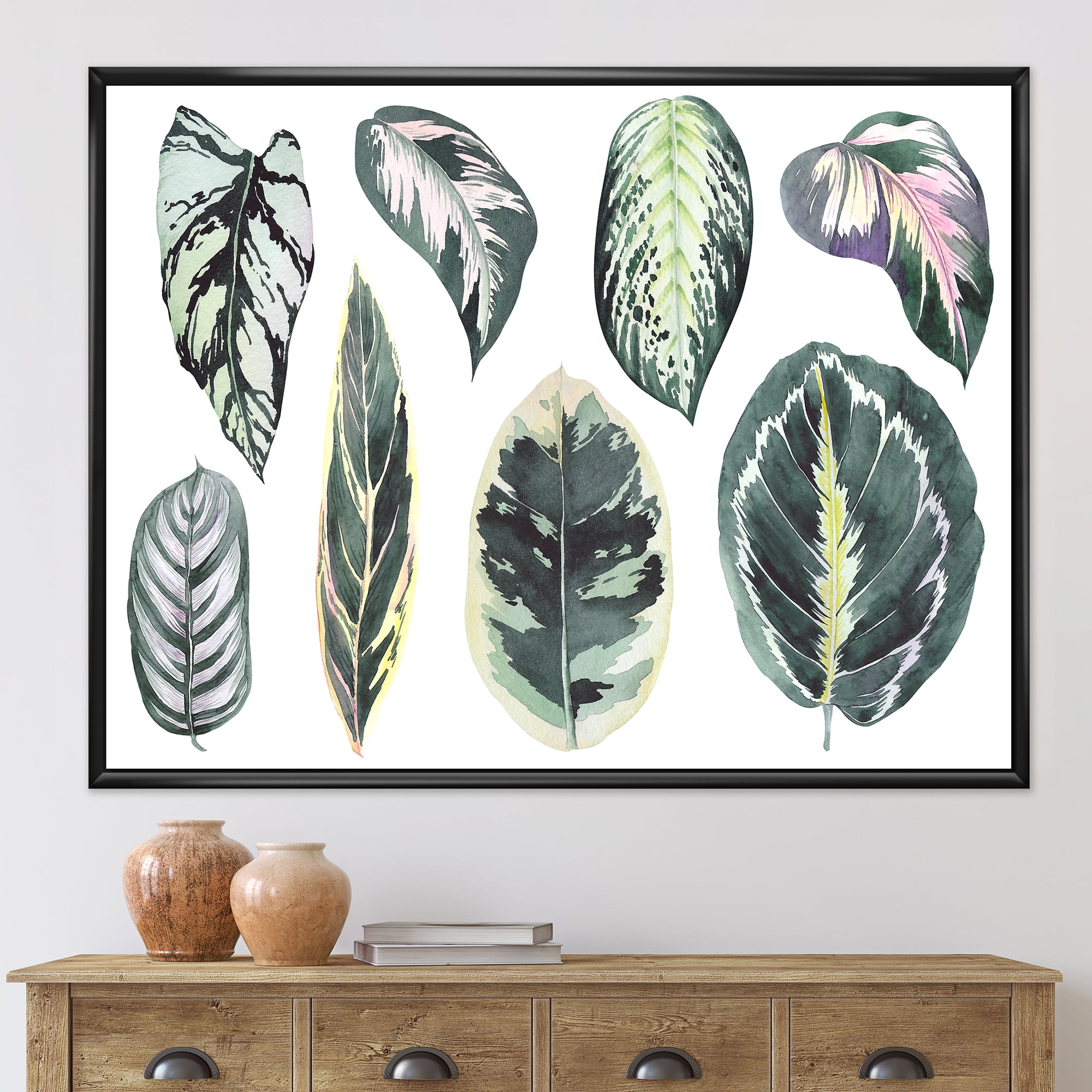 Tropical Calathea Leaves On White 32" x 16" Framed Painting Canvas Art Print, by Designart