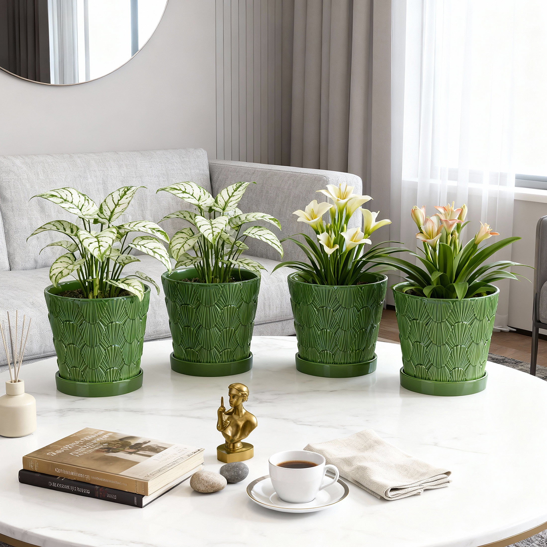 BUYMAX 5 inch Green Ceramic Flower Pots with Scallop Shell Pattern, Set of 4 - Decorative Planters with Drainage Holes & Trays - Perfect for Spring Herbs, Succulents, Windowsill & Balcony