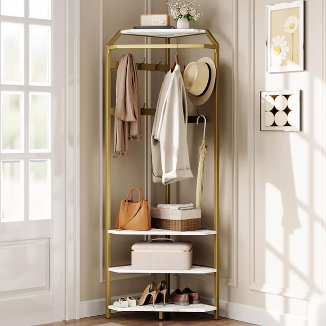 Bingirl Corner Coat Rack With Shoe Bench and 6 Double Hooks Corner Hall Tree Clothes Rack With Storage Hall Tree With Organizer Shelf for Entryway Hallway Closet (02 Gold)