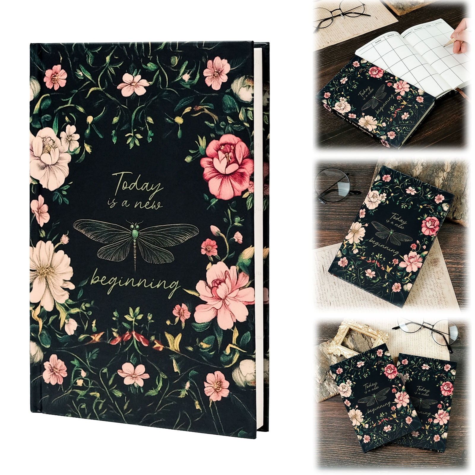 VKLU Hardcover Journal, Elegant Black Lily Rose Embossed Notebook, A5 Portable Size with Thick Ink-Proof Paper, Aesthetic Daily Diary