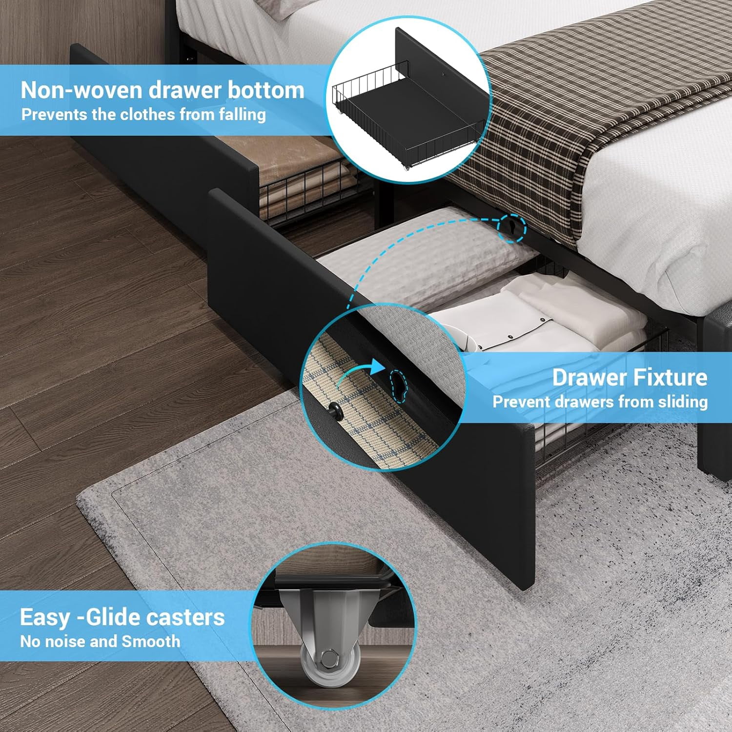 Aunfebrco LED Bed Frame California King Upholstered Platform Bed Frame with 4 Drawers&LED Lights&USB Ports, Cali King Storage Bed for Bedroom, No Box Spring Needed, Black