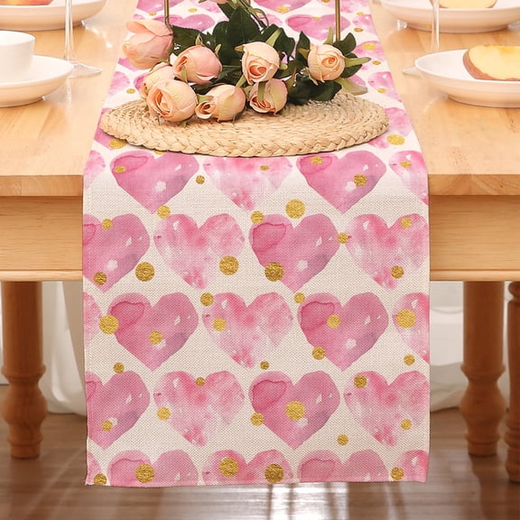 Djiypn Valentine's Day Table Runner Kitchen Dining Table Decoration For Indoor Home Party Valentine's Day Rectangle Tablecloth Heart Fabric Table Cloth Washable