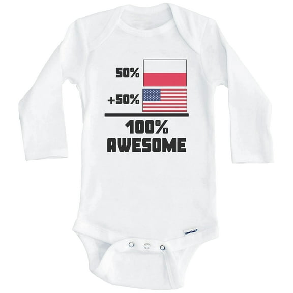 50% Polish 50% American 100% Awesome Funny Flag One Piece Baby Bodysuit (Long Sleeve), 0-3 Months White
