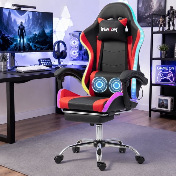 DELMANGO Gaming Chair,Racing Style RGB LED Lights Gaming Chair with Footrest and Massage Lumbar Support ,High Back Reclining Computer Chair for Adults and Kids Red/Black