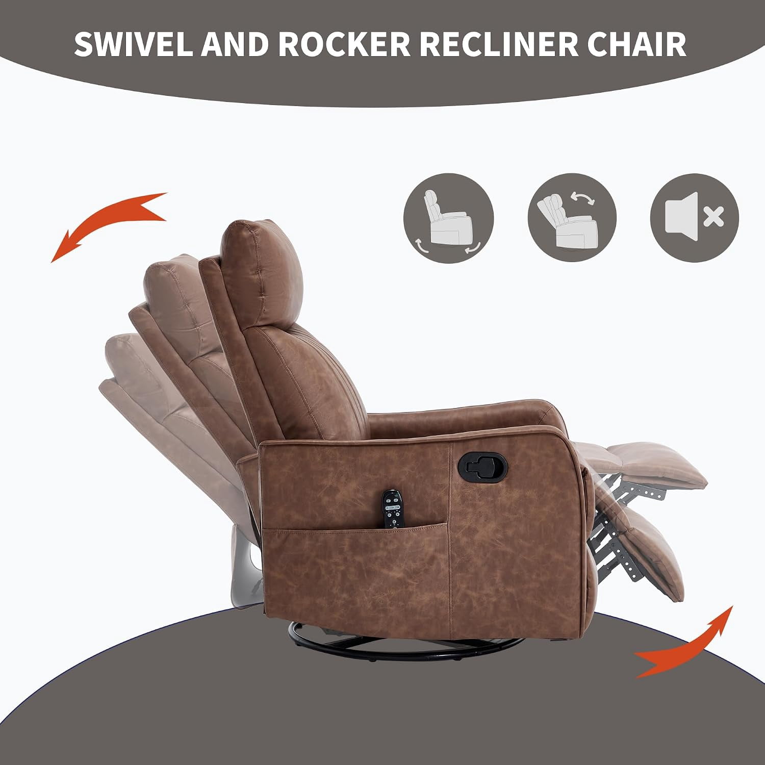 High Back Manual Recliner Chair with Heat & Massage, Swivel Rocker for Living Room Bedroom, Brown