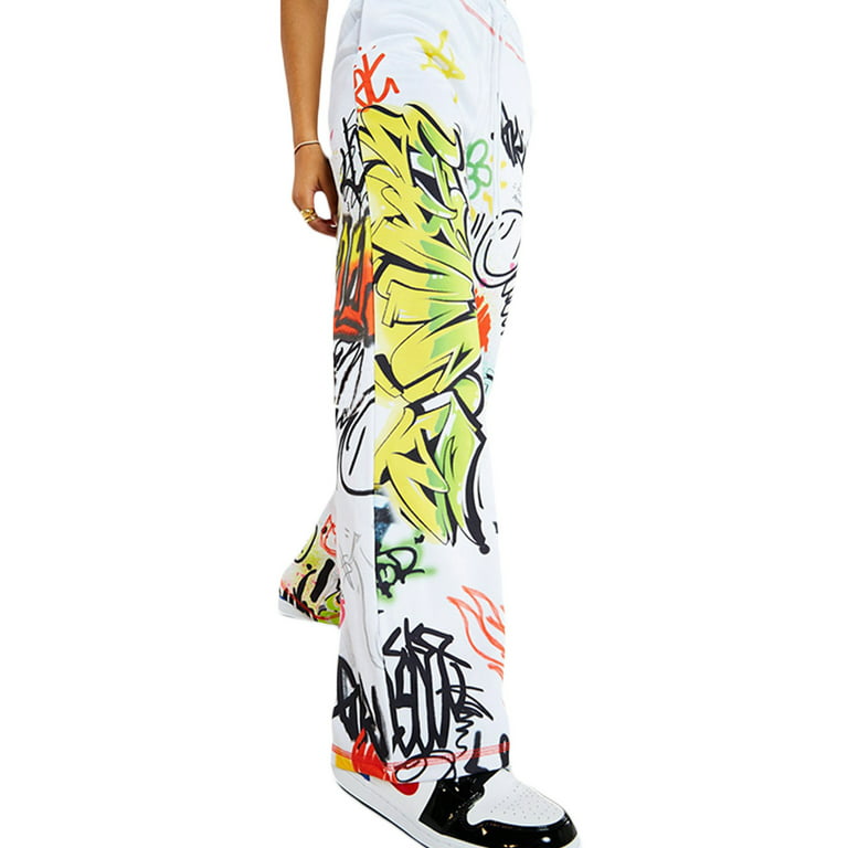 Women White Graffiti Print Pants Drawstring Sweatpants Streetwear Loose  Joggers