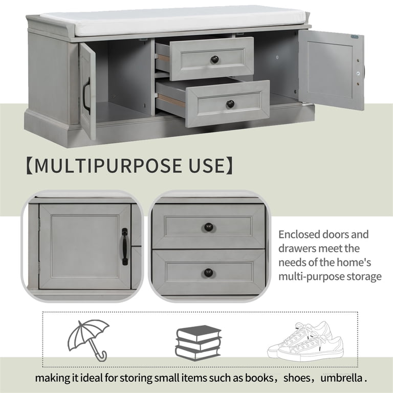 Haotian Storage Bench With 2 Cabinets & 1 Drawer - Removable Cushion, Multi-Use For Entryway, Bedroom, Or Kids Room (Gray)