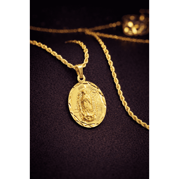 Cadena de la Guadalupe en Oro Laminado 14K Para Hombre / Yellow Gold Filled Virgen de Guadalupe Necklace for Mens 24" Rope Chain Necklace