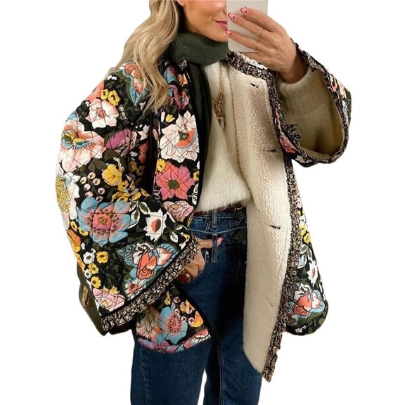 Womens Causal Cropped Quilted Long Sleeve Padded Jackets Floral Printed Open Front Puffer Coat Black XL