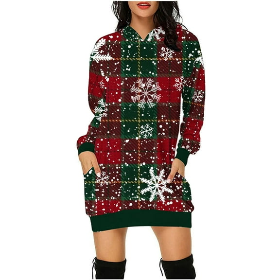 Lilgiuy Christmas Party Dresses for Women Hooded Women's Casual Xmas Dresses Novelty Christmas Snowman Printed Patchwork Dress for Cardigan Coat or Jacket