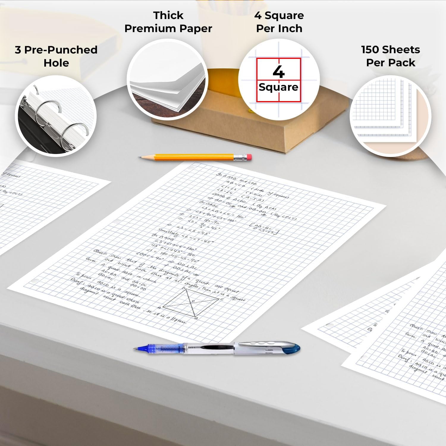 Loose Leaf Paper Bulk, 3600 Sheets, 24 Pack, Graph Ruled Sheets, 8 x 10.5", 150 Sheets/Pack, 3 Hole Punch, Bulk Graph Paper, Quad Ruled Sheets, Fits Standard Binders, Fights Ink Bleed, White