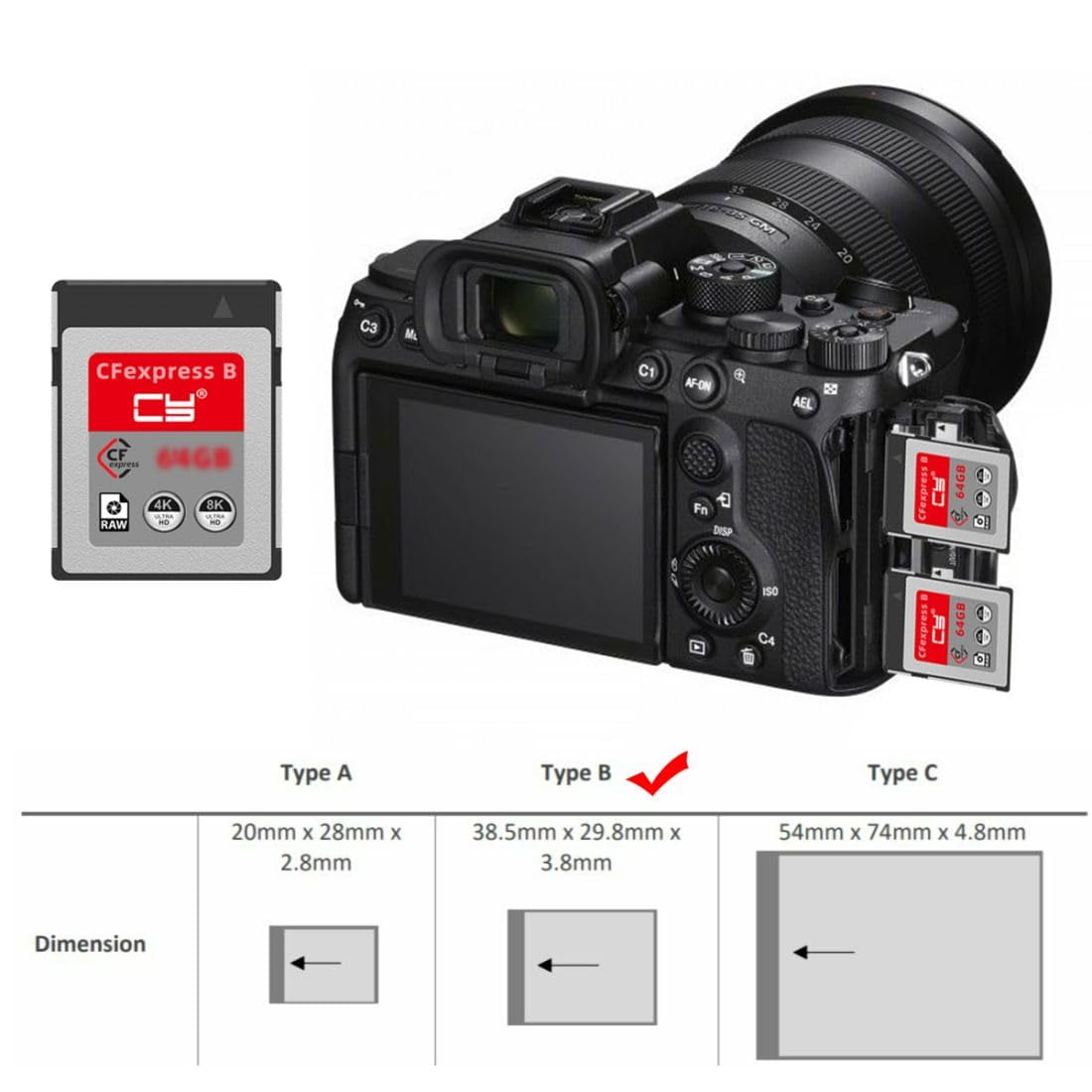 JSER CFexpress Type-B 128GB Memory Card CFE CFB Adapter Compatible with XS Camera 8K RAW PCIe Expansion