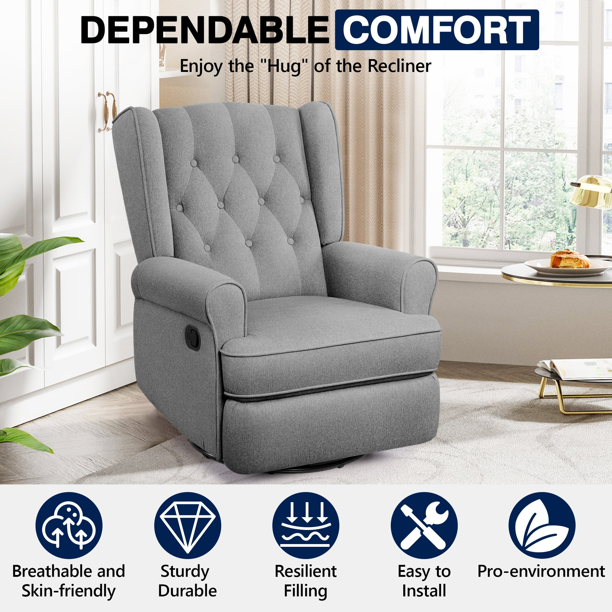 COOLHUT Swivel Rocker Recliner Chair for Adults, Glider Recliner Chairs with Comfy Linen Fabric, Wing Back Accent Chair with Lumbar Support & Overstuffed Arms for Living Room & Home Teatre, Gray