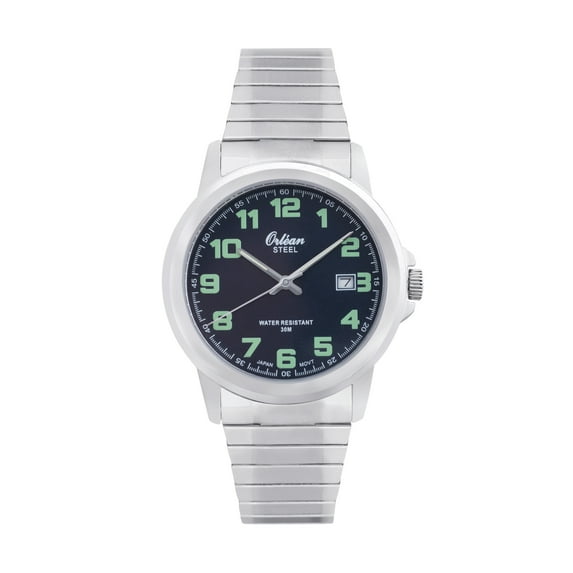 Orlean Mens Stretch Watch, Big Glow in the Dark Numbers - Easy to Read White Dial with Date, Full 316L Stainless Steel Watch, Long Expansion Band - 38mm Analog - Silver / Blue Dial