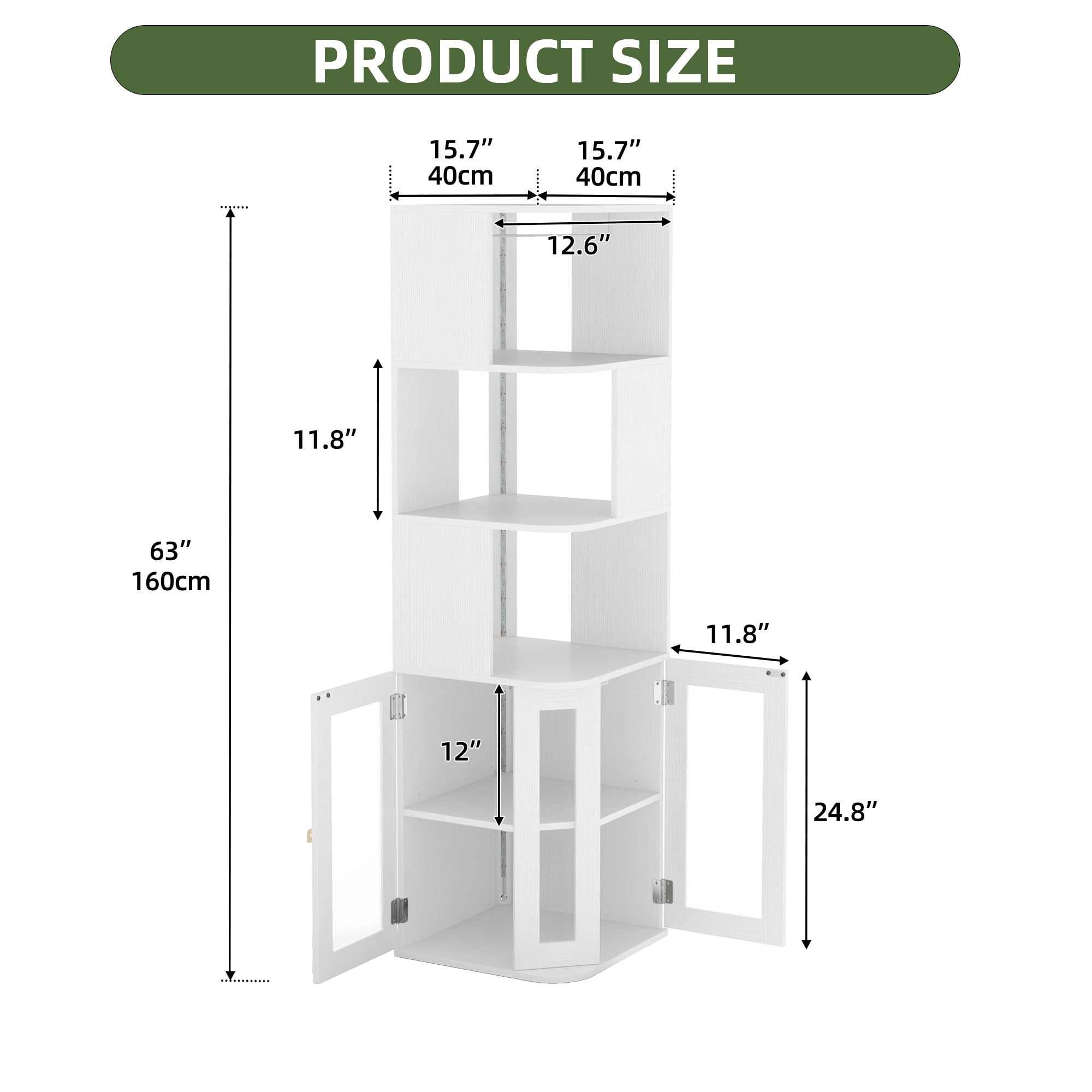 Uforic 5 Tier Corner Bar Cabinet with LED Lights & Glass Holder, Storage Cabinet with Door and Shelves, White