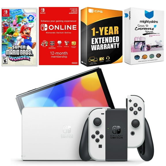 Nintendo Switch White OLED Console with Super Mario Bros. Wonder, NSO 12 Month Family Membership, MightySkins Console and Controller Skin Voucher, and 1 Year CPS Extended Warranty