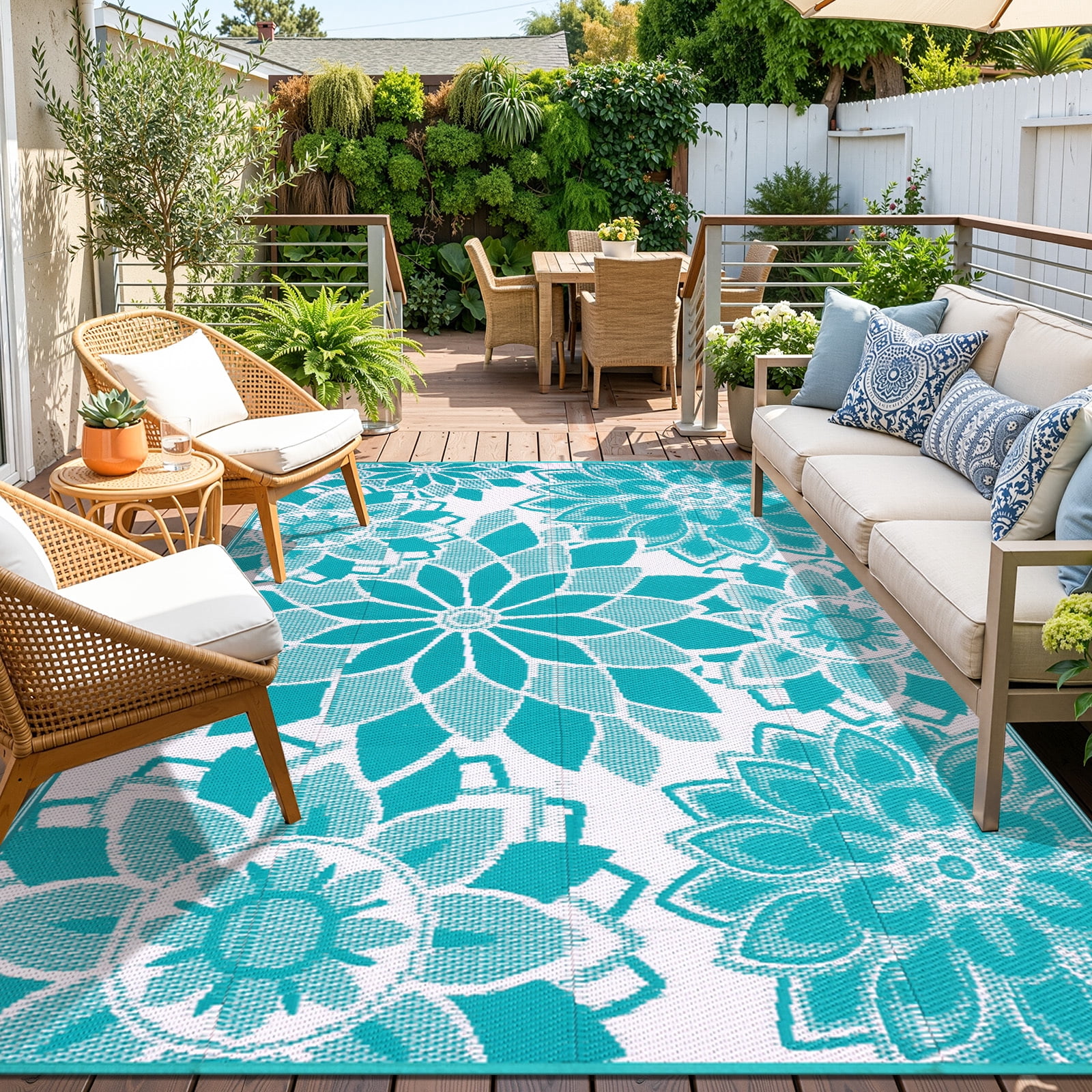 Findosom 6'x9' Outdoor Rug Patios Rug Waterproof RV Outdoor Rug Camping Rugs Reversible Plastic Straw Rug Large Outdoor Mat Outdoor Area Rug for Camping,Balcony Apartment,Patio,Picnic,Beach Teal