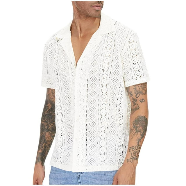 Birdeem Chemises pour Hommes Chemise en Dentelle Transparente à Boutons Manches Courtes Col Rabattu