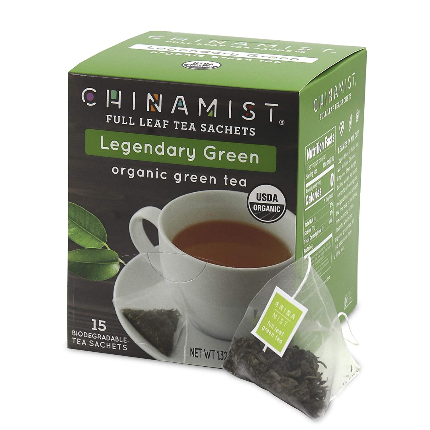 China Mist - Legendary Green Organic Full Leaf Tea Sachet, 2 boxes 15 count each - Biodegradable and Individually Wrapped