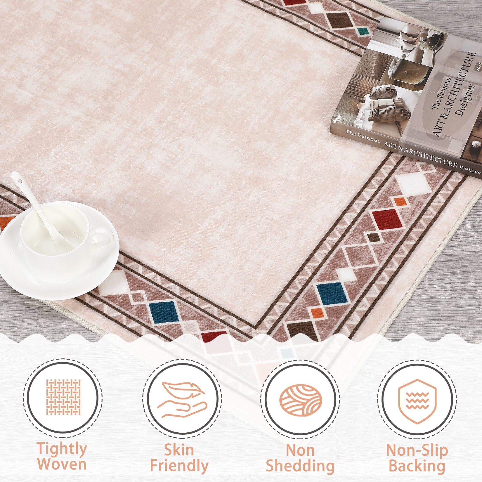 Garvee 9'x12' Geometric Bordered Area Rugs Contemporary Rugs for Living Room, Non-Slip Washable Rugs Soft Throw Rugs Low-Pile Stain Resistant Carpet for Bedroom Dining Room Farmhouse, Beige