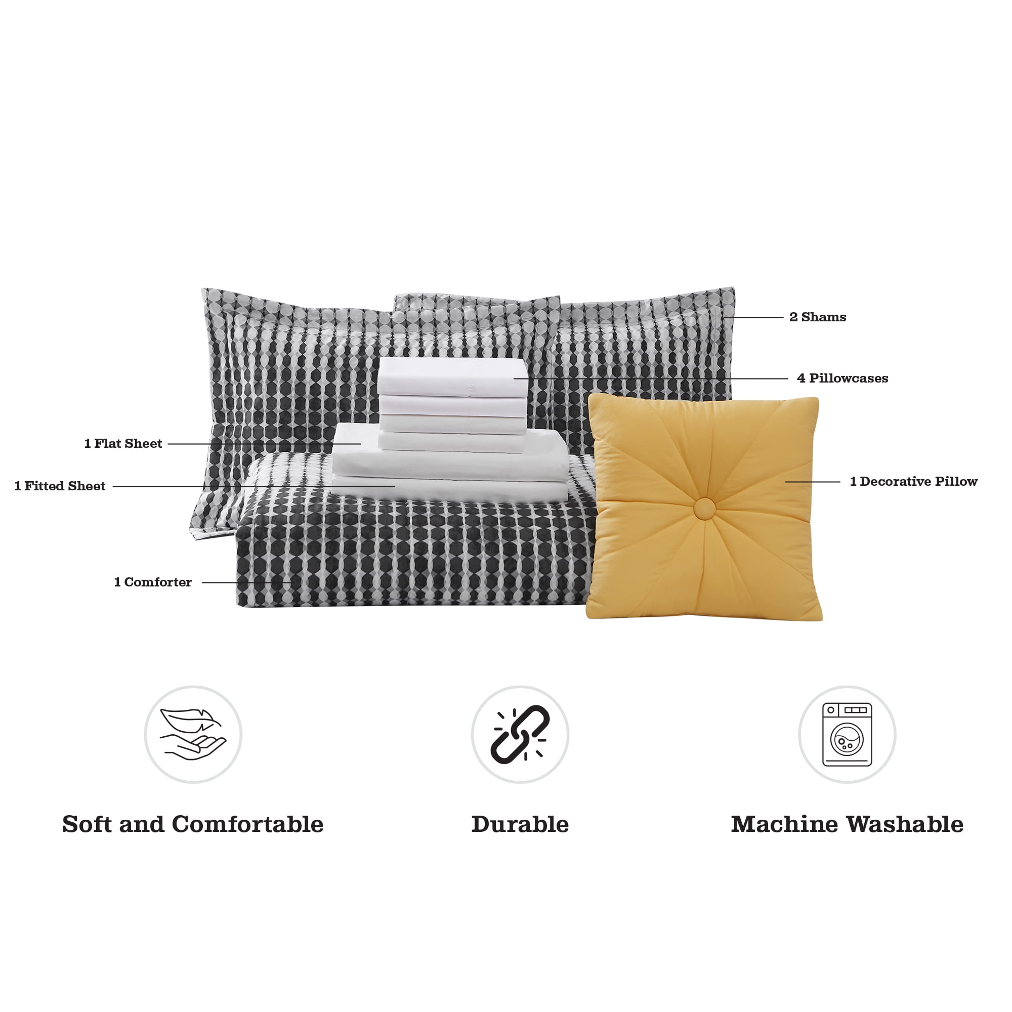 Mainstays Black and White Geo Stripe 10 Piece Bed in a Bag Comforter Set with Sheets, Queen