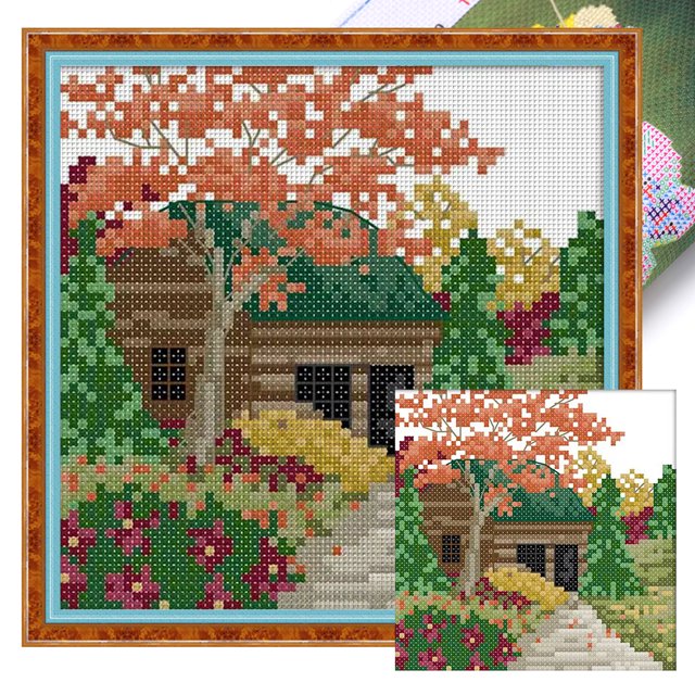 (F908) Hilo Algodón Ecológico Bordado No Manchú 14CT 2 Hebras Impresión 16*16cm Kit Serie Paisaje Punto Cruz Hut 3 (borde Gancho)