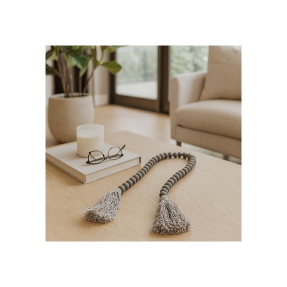 Home and Office Ornament for Living Room Decor - Modern Handcrafted Boho Wooden Beads with Soft Tassels - Rustic Decorative Accent Perfect for Bedroom, Bathroom, Coffee Table, and Shelf - 1" Gray