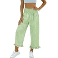 thumbnail image 2 of Women's Plaid Flare Pants Summer Elastic Waist Ruffle Hem Wide Leg Cropped Capri Pants Women Casual Checkered Loose Fits Lightweight Comfy 7/8 Length Trousers, 2 of 6
