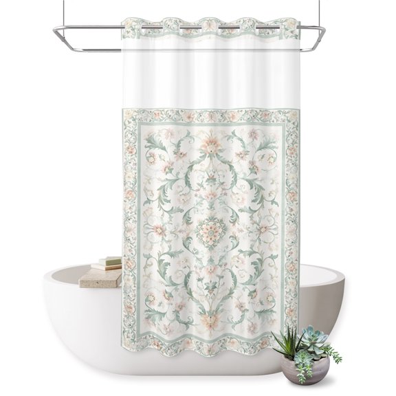 No Hook Shower Curtain, Sage Green Floral Boho Shower Curtains for Bathroom with See Through Top Window, Ethnic Tribe Abstract Art Vintage Waterproof & Washable Bath Curtain Stand Up Stall 36"x72"