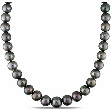 11-13mm Black Round Tahitian Pearl and Diamond Accent 14kt White Gold Strand Necklace, 18