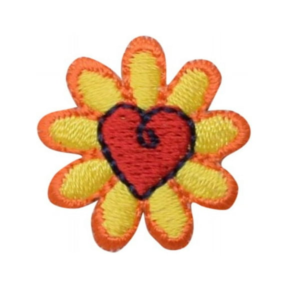 Yellow Daisy with Red Heart - Small Mini - Flowers - Iron on Applique/Embroidered Patch