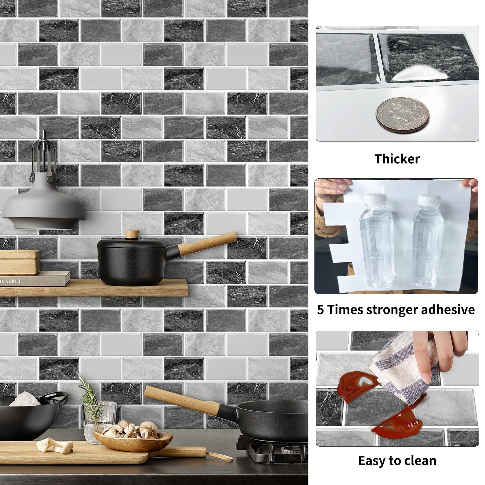 DEWOO Peel and Stick Backsplash - 10 Sheets of 12"×12" - 3D Adhesive Peel and Stick Tile Backsplash for Kitchen, Bathroom, Wall Tile, Black Gray