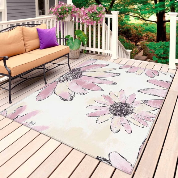 Pink Spring Floral Outdoor Rug 3x5 Ft, Non Slip Washable Area Rug, Summer Flowers Botanical Vintage Patio Rugs Carpet Runner, Large Floor Mat for Indoor/Outdoor Deck Porch Camping