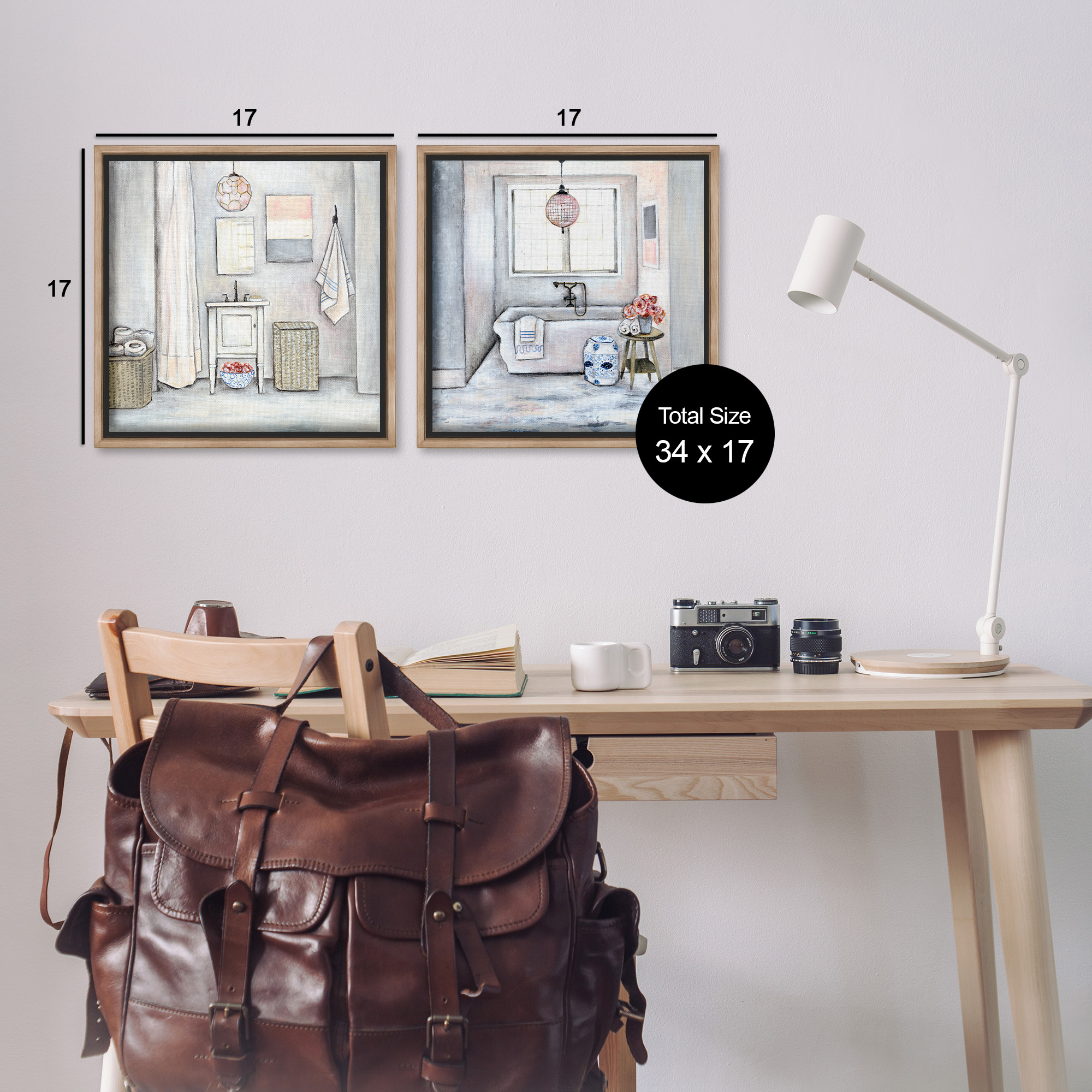 Stupell Industries Bathroom Interior Soft Cottage Design Abstract Drawing Brown Floater Framed Canvas Art Print Wall Art, 18 x 18, Set of 2