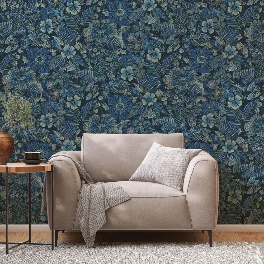 Tempaper Metallic Bloom Blue Peel and Stick Wallpaper, 20.5" x 16.5'