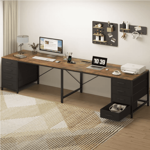 TVU 110" 2 Person Desk with 8 Drawers, Large Writing Home Office Desks with Outlets, I Shaped Workstation Double Desk Drawer Organizers (Rustic)