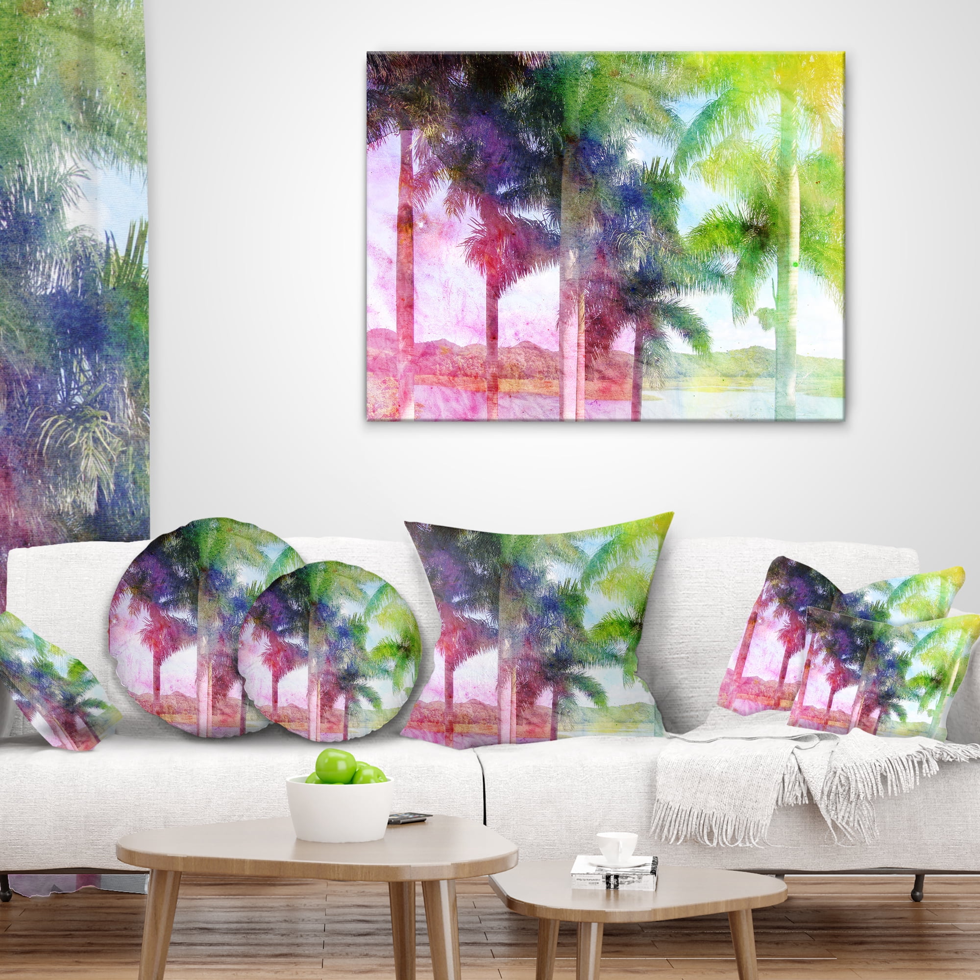 Designart Green Retro Palm Trees - Landscape Painting Throw Pillow - 16x16