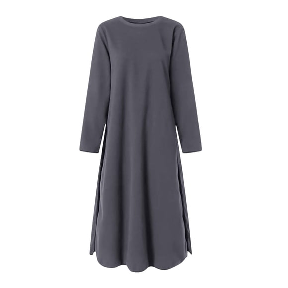 cfhntfmh Plus Size Dresses for Women Casual Fall Round Neck Long Sleeve Flowy Dress Loose Solid Color Side Slit Long Maxi Dress