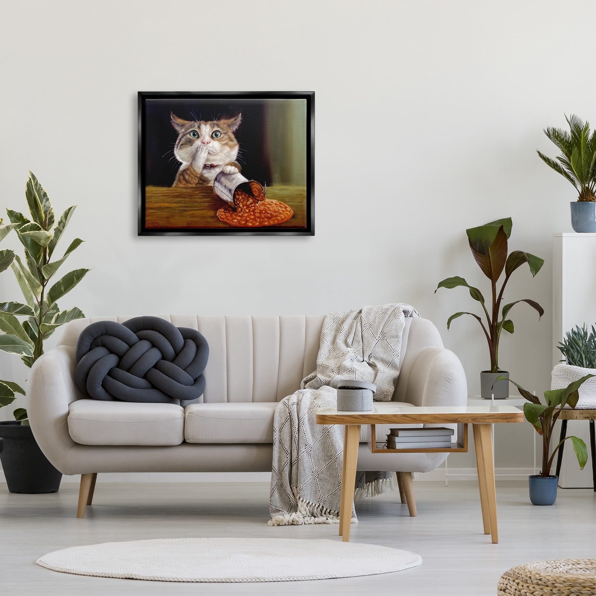 Stupell Industries Spilled The Beans Humorous Cat Kitchen Animal Painting Painting Jet Black Floating Framed Canvas Print Wall Art, Design by Lucia Heffernan