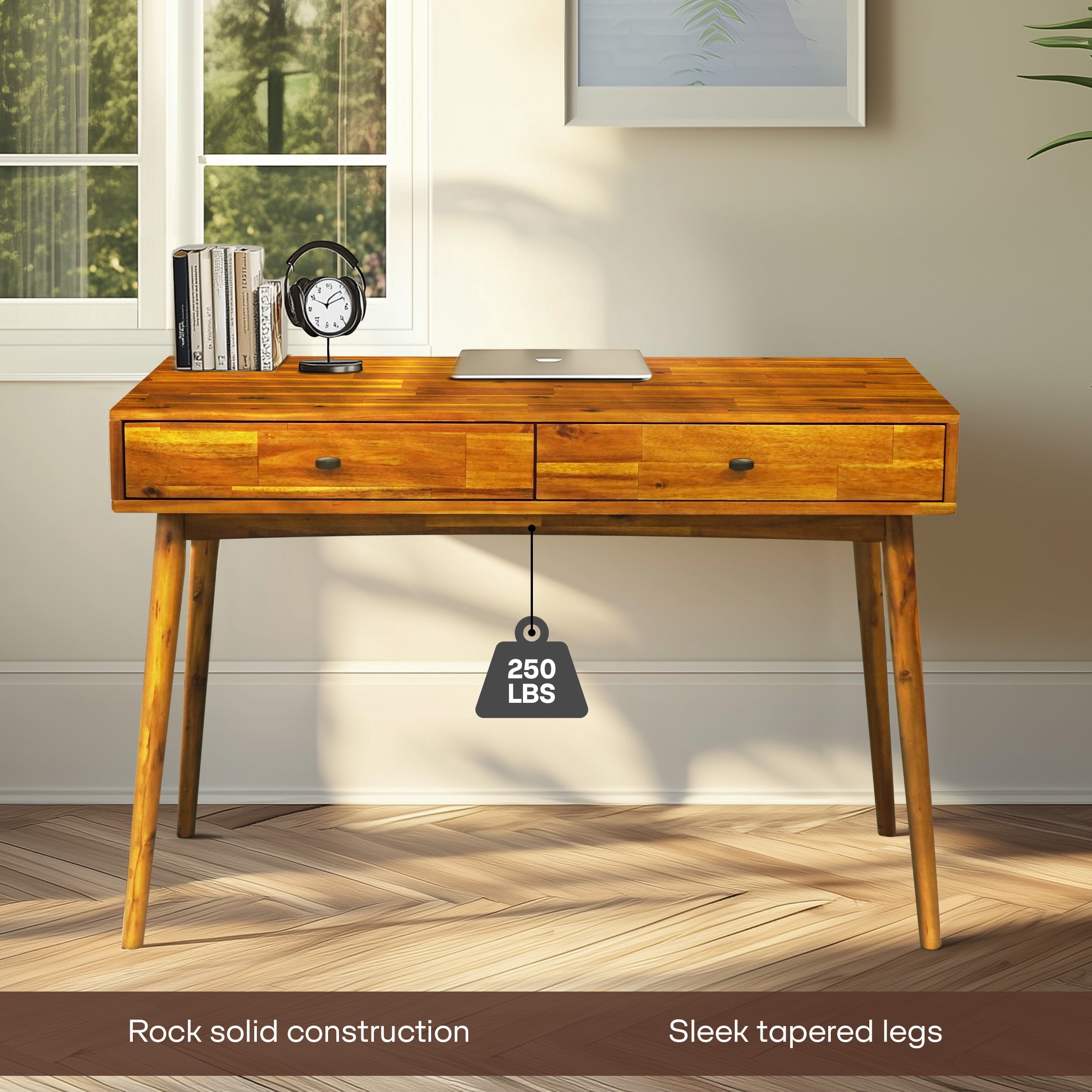 Acacia Lagom 48" Solid Wood Work Desk with Drawers Office Desk for Home Office, Caramel