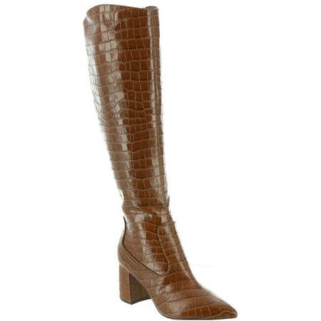 

MARC FISHER Womens Brown Croc Padded Retie Pointed Toe Block Heel Zip-Up Leather Heeled Boots 5.5 M