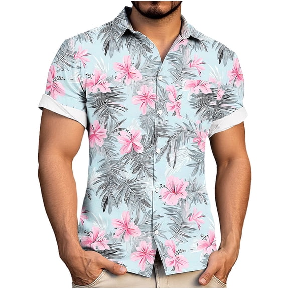 Erwazi Men's Hawaii Printed Cotton Linen Shirt Short Sleeve Collared Button Down Casual Shirt with Chest Pocket