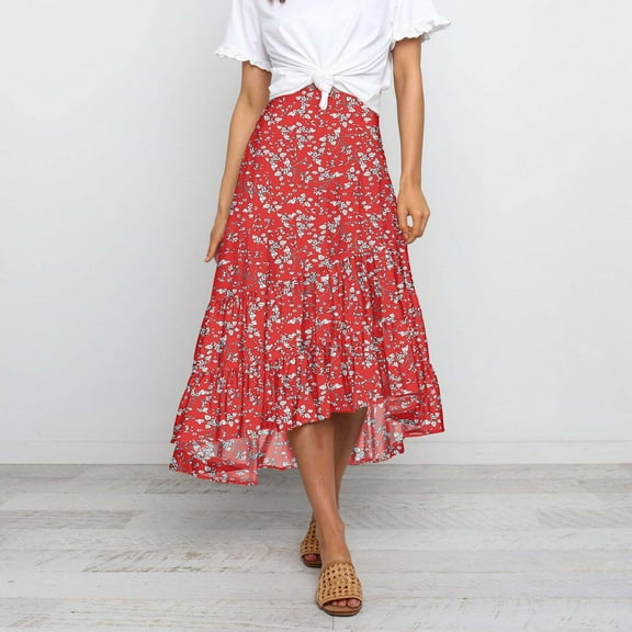 Pntutb Women Chiffon Casual High Waist Print Ruffles A-Line Pleated Swing Long Skirt