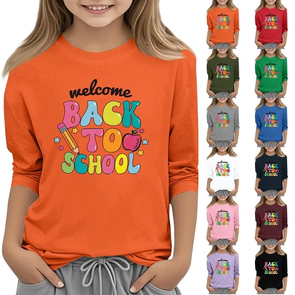 Grblisyd GirlsTops 3/4 Sleeve Back To School Kids Cute Letter Print Crewneck T-Shirts Summer Blouse Graphic Tees 10-12 Years