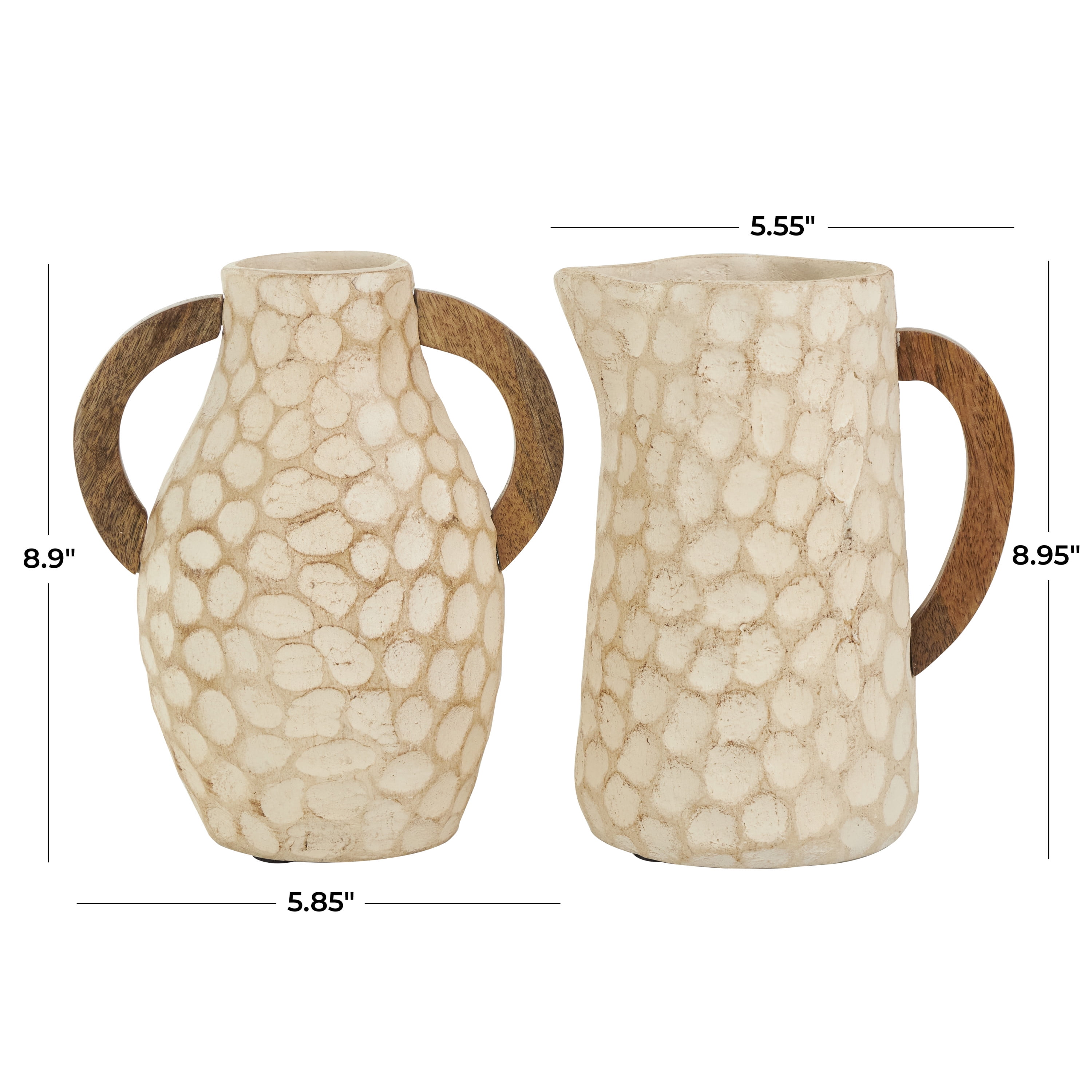 DecMode 6"W,9"H Honeycomb Inspired Jug Beige Paper Mache Vase with Brown Wooden Handles, Set of 2