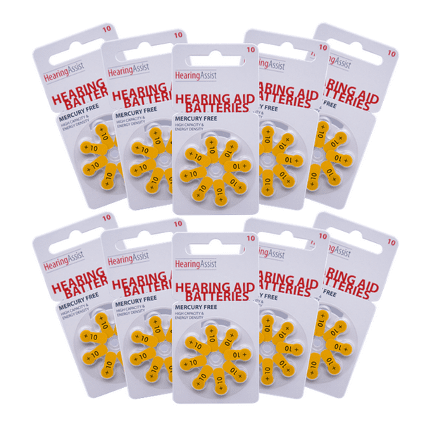 Hearing Assist Hearing Aid Batteries (Mercury Free!), Size 10 Yellow
